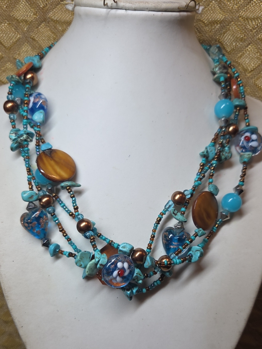 Turquoise, Art Glass, And Mother Of Pearl Multi-Strand Beaded Necklace